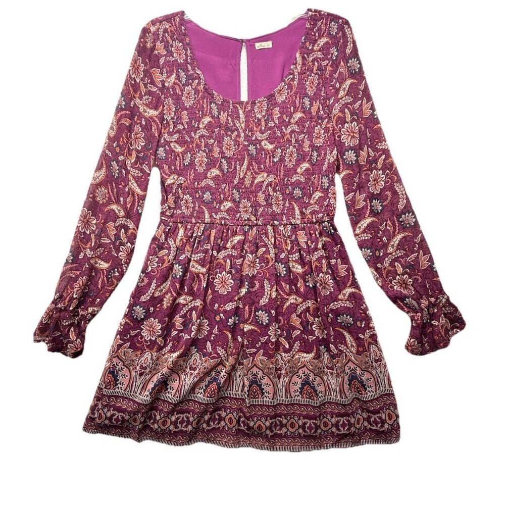 Hollister Floral/Pink Long Sleeve Smocked Bodice Dress Size L Sheer Sleeves